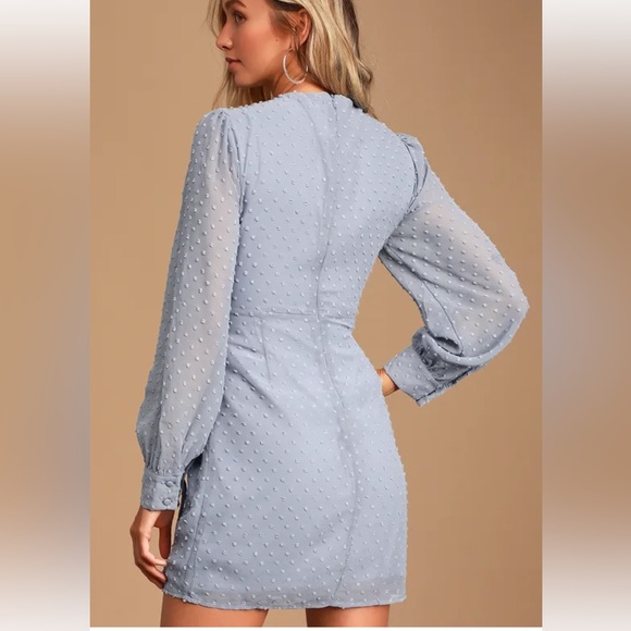 Lulus Much Love Light Blue Swiss Dot Long Sleeve Tie-Front Mini Dress Size M - Picture 5 of 9